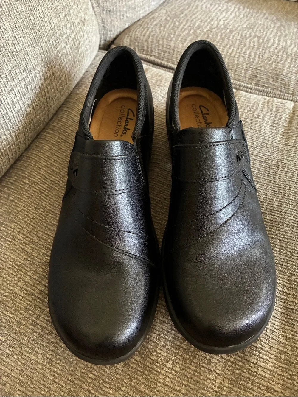 Clarks Women’s Black Slip-On Leather Shoes